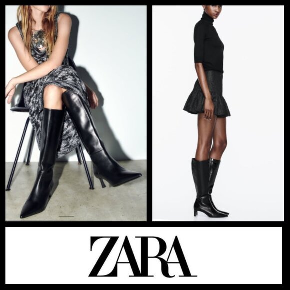 Zara Black Knee High Kitten Heel Boots - Picture 15 of 16